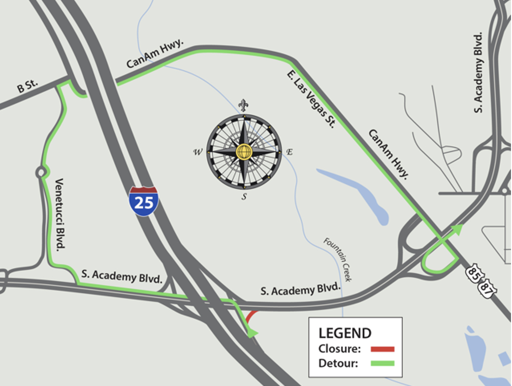 A map showing closures and detours
