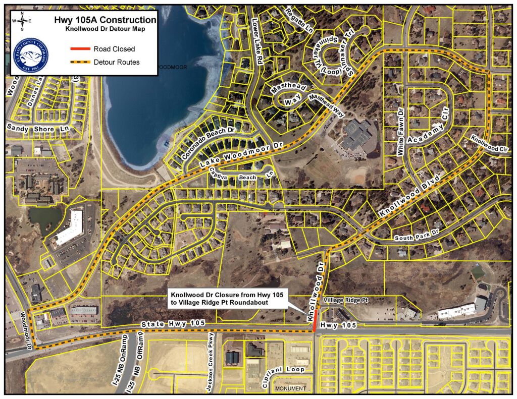 Map snippet showing Highway 105A Construction and the Knollwood Drive detour map