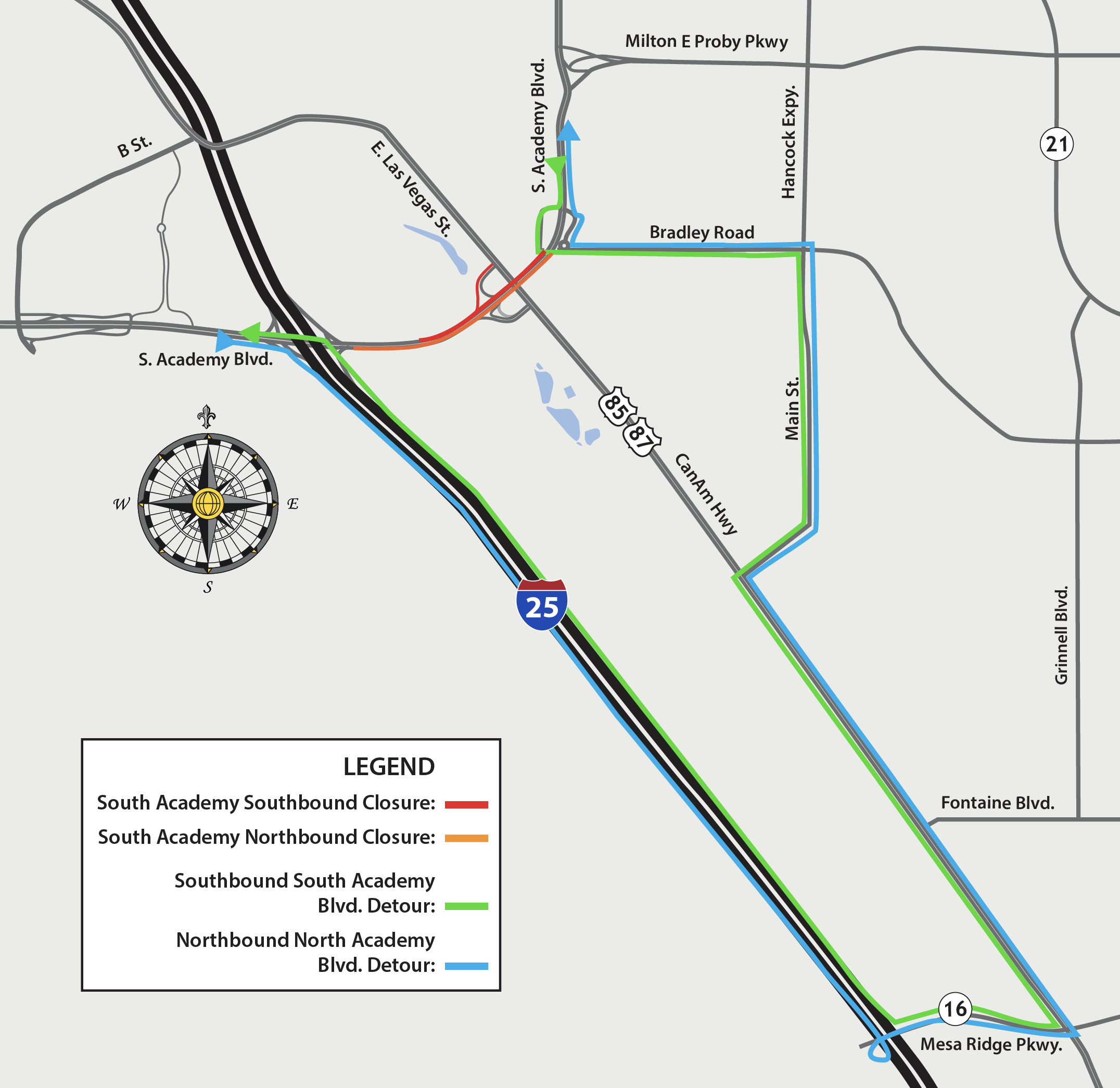 Map of north bound and south bound academy closure