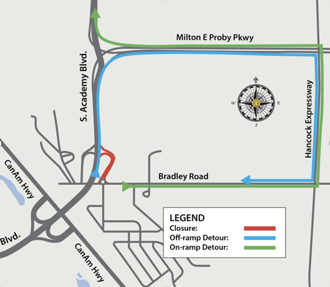 map of detour at south academy boulevard to milton e proby and hancock expressway to bradley road