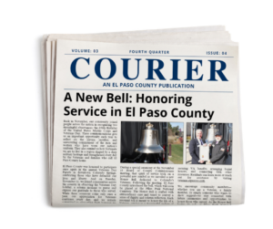 Graphic image of a newspaper folded in half with the front of the 4th Quarter 2025 Courier featuring the title article A New Bell Honoring Service In El Paso County