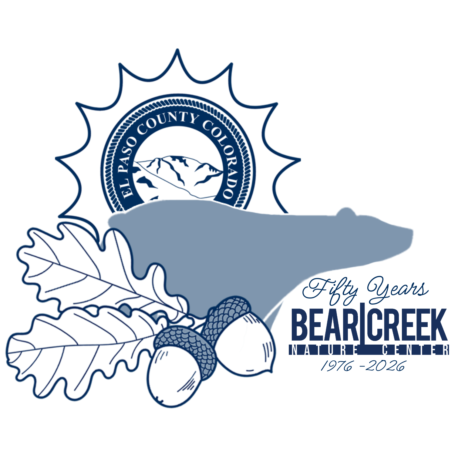 Graphic logo for the Bear Creek Nature Center 50th Anniversary including an image of a sun rising above a bear with the El Paso County seal in the center of the sun, oak leaves to the left of the bear and acorns below the bear and text to the right reading fifty years bear creek nature center 1976-2026