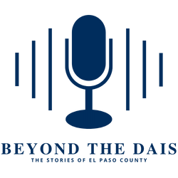 Beyond the Dais Podcast Logo - Blue blue background with podcast icon and text: "Beyond the Dais, the stories of El Paso County