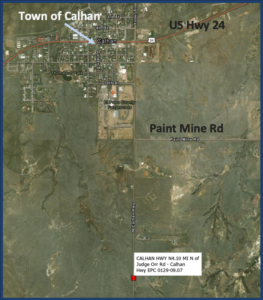 a map cutout detailing the town of Calhan and its associated highway