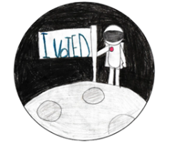 Circle graphic image for a sticker with an astronaut on the moon with a flag that reads I Voted