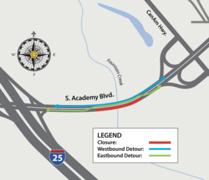 A detour map of South Academy Blvd