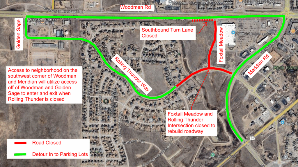 updated road closure and detour map for the Foxtail Meadow Paving Project