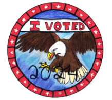 Circle graphic image of an american bald eagle flying with talons reaching for the numbers 2024 and above the eagle text that reads I voted with the boarder of red outline and white stars