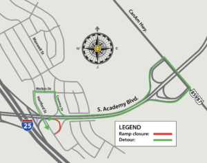 Map of South Academy, I 25, and hartford detour