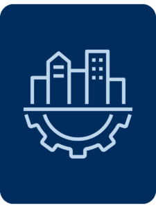 Outline of buildings with half a gear under the buildings