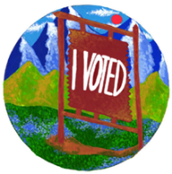 circle graphic image with mountain range in the background and in the foreground a welcome to sign but instead of saying colorful colorado it just reads i voted
