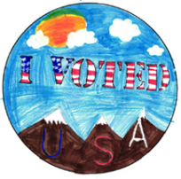 circle graphic image of blue sky and sun and clouds and mountain range in background and the text i voted colored as the american flag and on each mountain peak the letters u s a