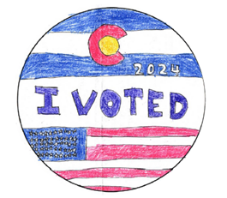 Circle graphic image of a colorado flag and an american flag combined with the center text reading I voted 2024