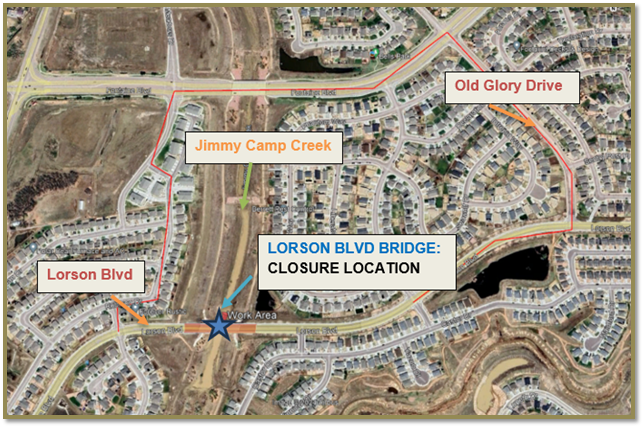 Road closure map depicting Lorson boulevard and surrounding area