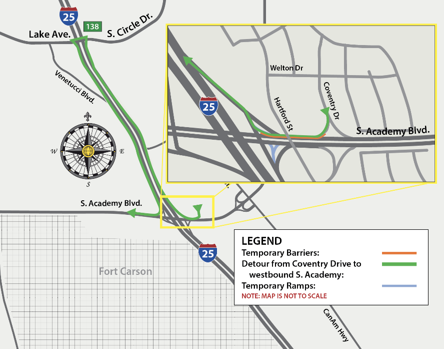 map image graphic with lane closures and detours explained at the I-25 and south academy boulevard intersection