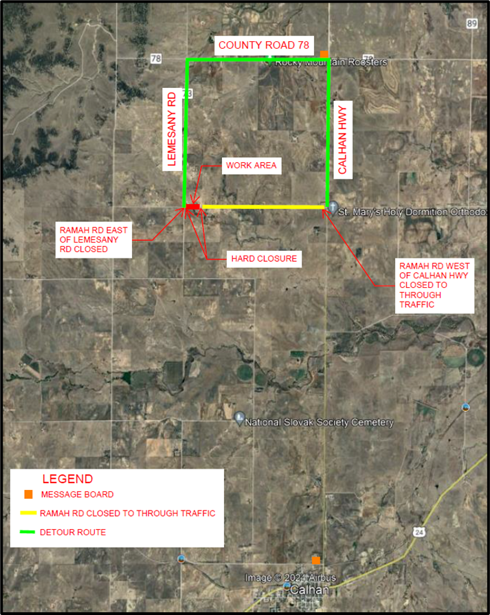 Detour map with colorized outlines to show the way around a construction zone