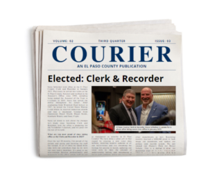 Graphic image of the front cover of the courier newspaper as it is folded in half with the feature article Elected Clerk & Recorder and a photograph of Clerk & Recorder Steve Schleiker