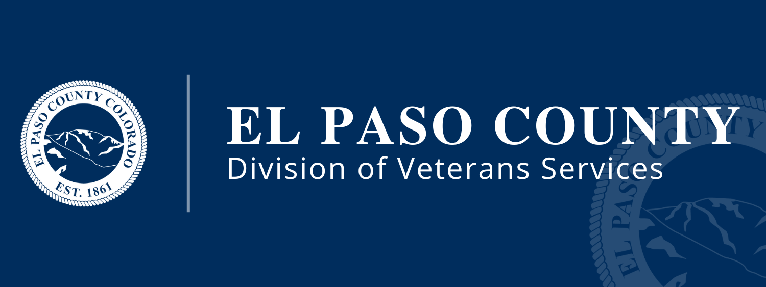 Veterans Services Logo Banner for website graphic with blue background and El Paso County Division of Veteran Services text overlay