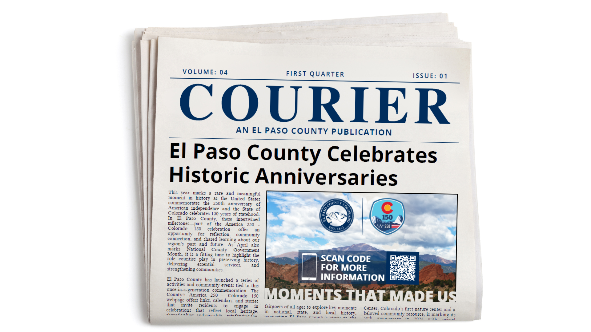 Website Carousel Images - Courier V4 I1 Graphic of an image of a folded newspaper with the COURIER on the front page for the Volume 4 Issue 1 edition.