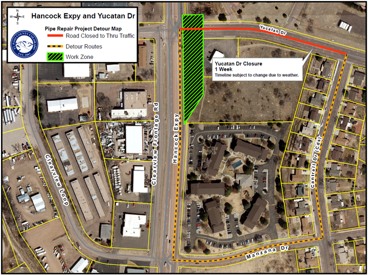 Pipe repair project detour map for Hancock expressway and Yucatan drive